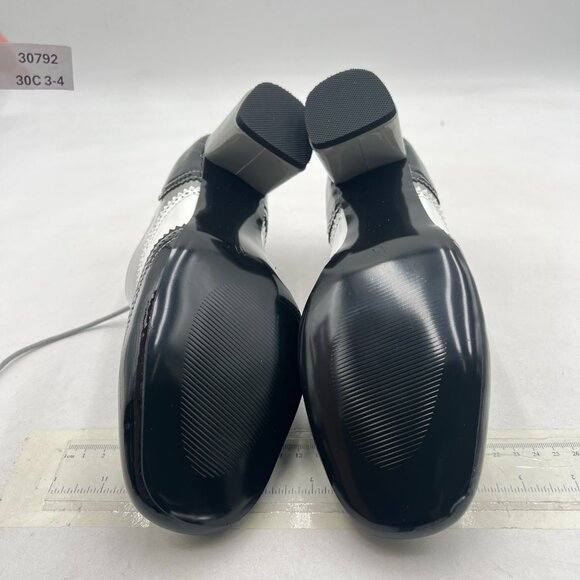 Black/Grey Closed Toe Lace Up Oxfords Perforated Stacked Low Heels Derby Pumps - Picture 6 of 7